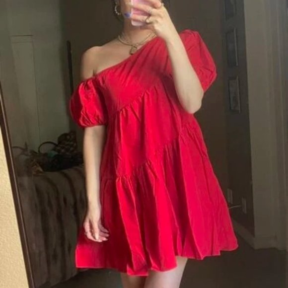 Puff Sleeve Ruffle Hem Asymmetrical Neck Smock Dress Red - Picture 7 of 8
